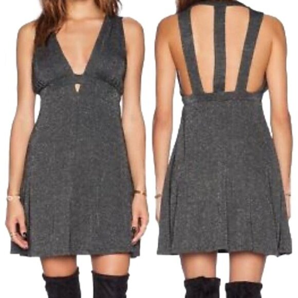 Free People Glittery Deep-V Mini Dress With Strappy Back Design Black & Silver S - Picture 2 of 9